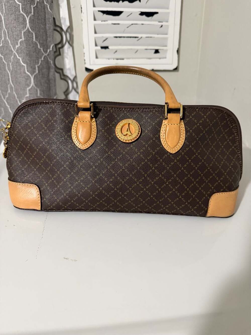 La Tour Eiffel Brown Bowler Boston Bag with Gold Logo and Tan Leather Accents